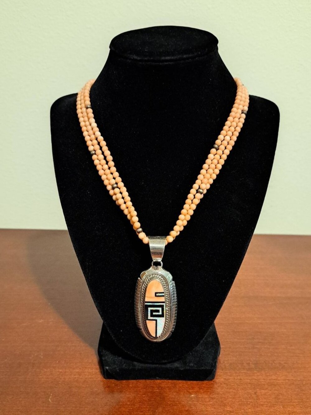 Salmon Coral Beaded Three Strand 18.5" Necklace Inlaid Sterling Silver Pendant